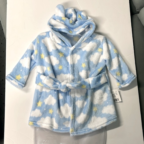 BNWT MON CHERI CLOUDS & STARS BLUE PLUSH HOODIE ROBE SIZE 0-9 MONTHS - Picture 1 of 7